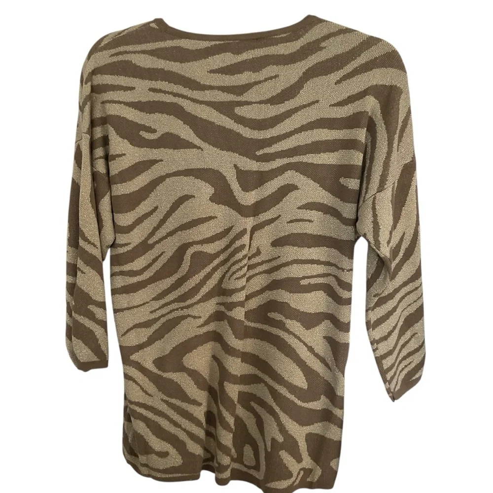 Chico's Tan and Brown Zebra Print Gold Metallic Accent Crewneck Sweater Size M